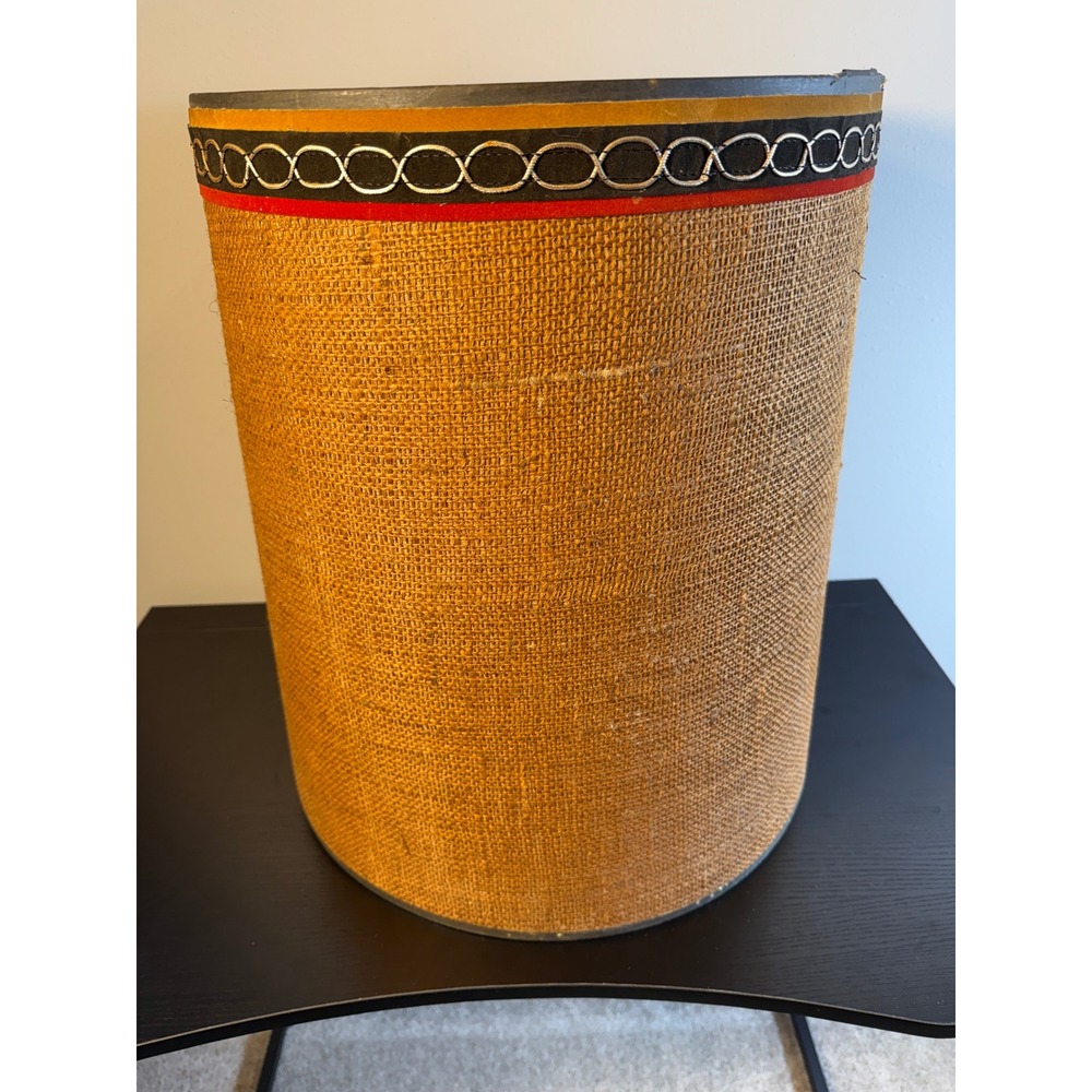 Vintage Burlap Atomic Drum 21" Lampshade Large Tan Gold Red Mid Century Boho